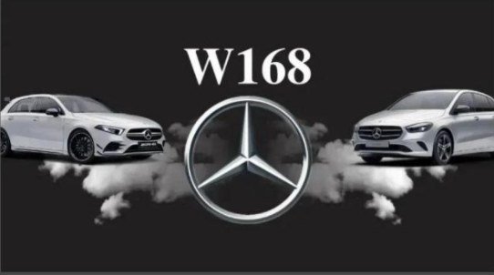 Dois Mercedes-Benz, um Classe A e um Classe B, ao lado da estrela de três pontas, sob o nome W168